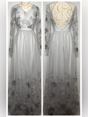 Chi Chi London Silver Embroidered Tulle Open Back Prom Formal Dress US 6